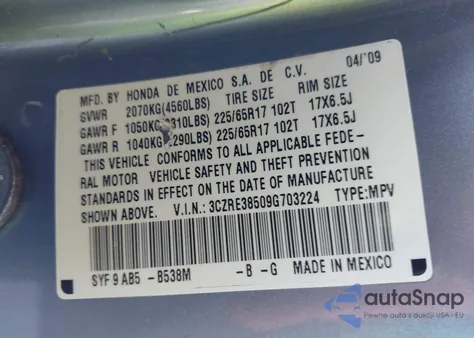 2009 Honda Cr-V Ex from USA, damaged, VIN 3CZRE38509G703224